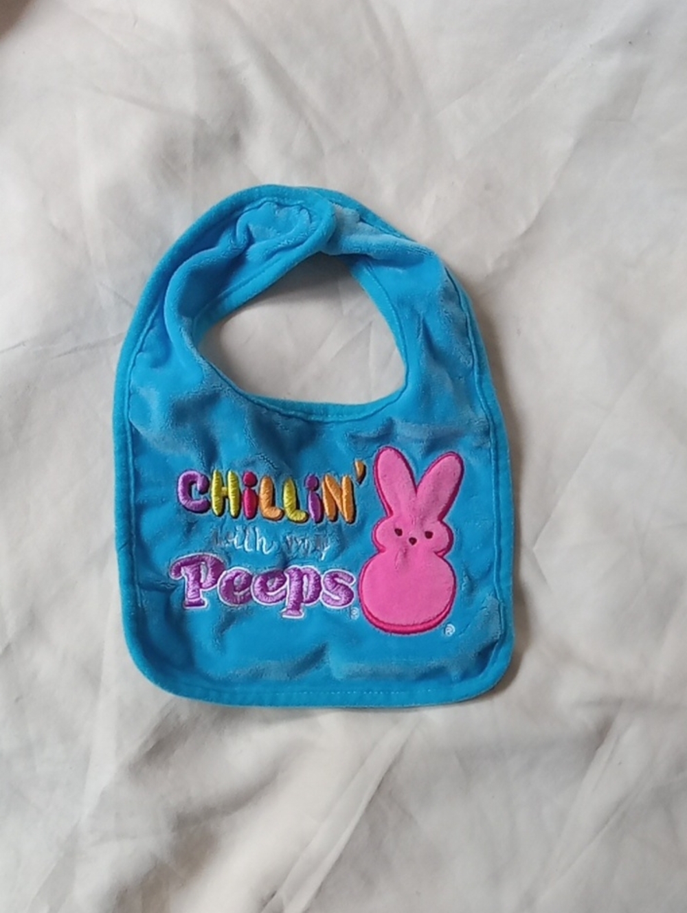 Blue 'Chillin with Peeps' Baby Bib with Pink Peeps Applique
